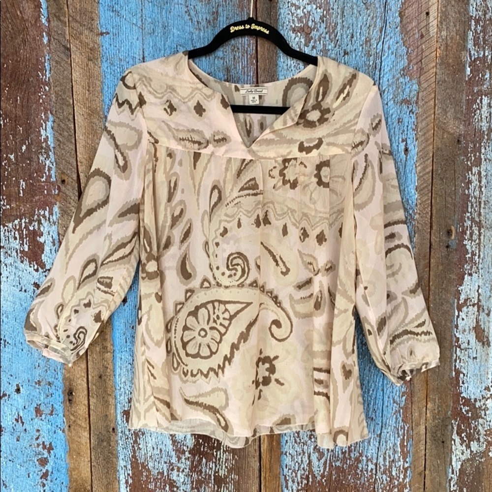 Lucky Brand Sheer Cream & Brown Paisley Print Top